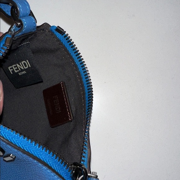 Fendi blue calf leather porta monete small card case pochette w logo lanyard - Picture 6 of 14
